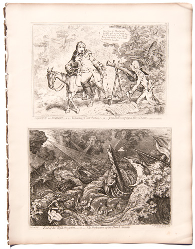 original James Gillray etchings Begging No Robbers; i.e. Voluntary Contribution; or, John Bull Escaping a Forced Loan

End of the Irish Invasion; or, The Destruction of the French Armada